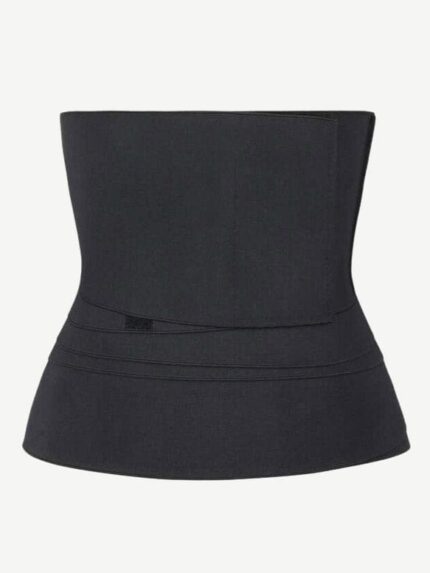 Zwarte compressie wrapband opgerold plat, product vooraanzicht.