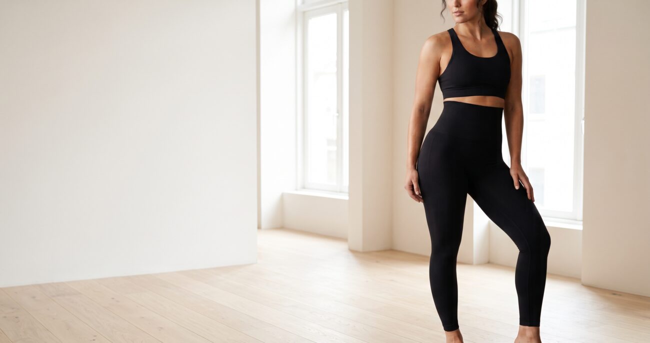 Vrouw in zwarte shaping legging en sporttop, hoofd banner.