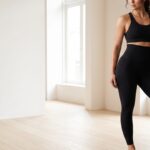 Vrouw in zwarte shaping legging en sporttop, hoofd banner.