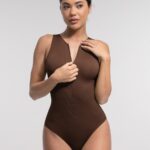 Geribbelde Mouwloze Shaping Brief Bodysuit met Ritssluiting