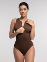 Geribbelde Mouwloze Shaping Brief Bodysuit met Ritssluiting